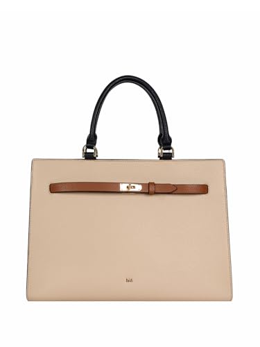 Image of HIE Women Textured Tote Bag with Contrasting Leather Strap and Gold-Tone Buckle Dual Top Handles | Detachable Adjustable Crossbody Strap, Color Blocked Design for Work, Travel & Everyday.