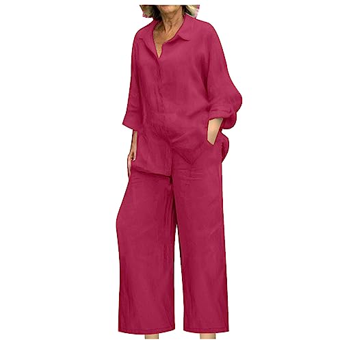 Catálogo para Comprar On-line Trajes de vestir para Mujer - 5 favoritos. 43 BAIYOSITT - Conjunto de dos piezas para mujer, vestido de lino de algodón y algodón con botones, cuello en V, pantalones de pierna ancha con bolsillo, Rojo -, L
