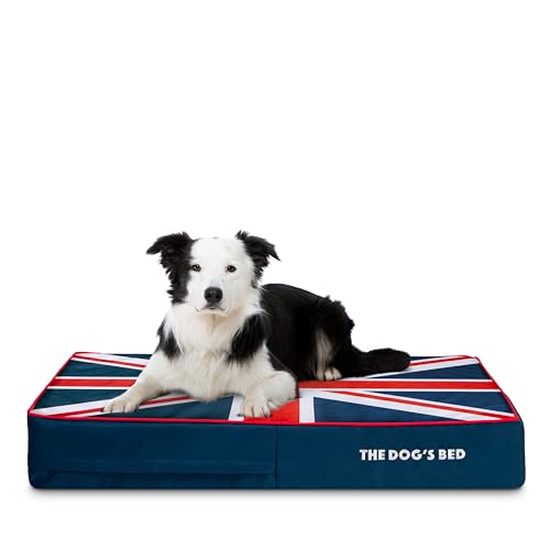 The Dog’s Bed Orthopaedic Dog Bed Large Blue & Red Trim, UK Centre Flag, Pain Relief for Arthritis, Hip & Elbow Dysplasia, Post Surgery, Waterproof Washable Cover