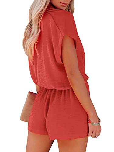 Lyaner Women's Summer V Neck Wrap Ruched Front With Pockets Short Sleeve Romper Jumpsuit Red Medium #TOP1