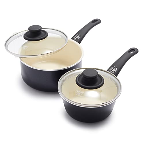 GreenLife Soft Grip 1QT and 2QT Saucepan Set, Healthy Ceramic Nonstick, Non Toxic PFAS-Free, Dishwasher Safe, Glass Lids, Stay-Cool Handles, Easy Clean Cookware, Kitchen Essentials, Black & Cream