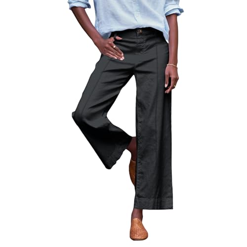 Twill Wide Leg Pants for Women Comfy Elastic Waist Dress Pants Business Casual Palazzo Pants with Pockets Chino Pants