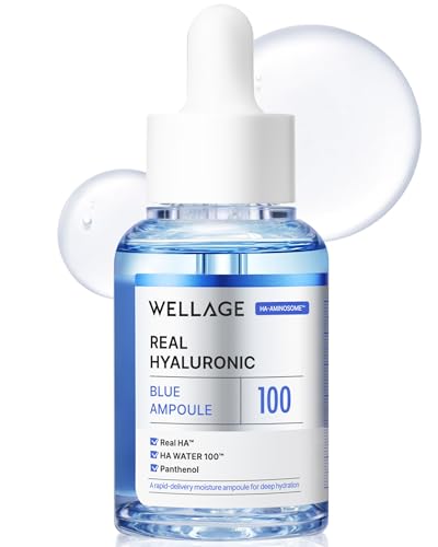 WELLAGE Real Hyaluronic Blue Ampoule 100, Korean Skincare, Fragrance Free Hyaluronic Acid Serum with...