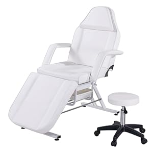 Tattoo Chair Massage Salon with Two Trays， Esthetician Bed with Hydraulic Stool,Multi-Purpose 3-Section Facial Bed Table, Adjustable Beauty Barber Spa Beauty Equipment White