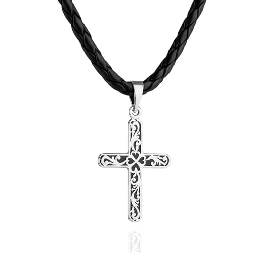 Collier Homme Croix Argent 925 Cordon Cuir Tressé Cadeau Idéal Anniversaire Fête