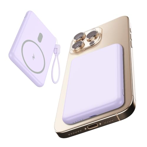 明誠 モバイルバッテリー MagSafe対応 6800mAh 軽量 小型 薄型 15Wワイヤレス出力 PD20W急速充電 USB-C充電ケーブル・ストラップ付き Type-C入出力ポート 2台同時充電 マグセーフ充電器 LED残量表示 PSE認証済み ワイヤレス充電器 マグネット式バッテリー iPhone 17/16/15/14/13/12/iPad/Android多機種対応（パープル）