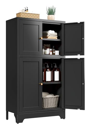 Bevivog Black Metal Locker Cabinet with 4 Doors, Metal Sideboard Cabinet Coffee Bar Storage Accent Cabinets for Home Office, Kitchen Living Room, Hallway, Entryway