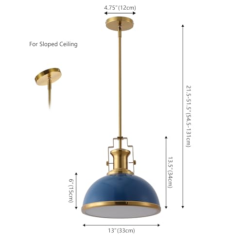 Image of JONATHAN Y Homer Industrial Dome Pendant 13 inch, Navy /Brass Gold | 1-Light, Farmhouse Style, Adjustable Hanging Height, Glass Diffuser, Sloped Ceiling Compatible, Metal, LED Bulb Included