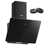 COMFEE CH60J64ET4A2B-EU Hotte Aspirante Inclinée, 380 m³/h, Clase A++, 60 cm en Verre Trempé, 3 Niveaux de Vitesse, Écran Tactile LED, Recirculation Interne ou Évacuation, 60 cm, Noir