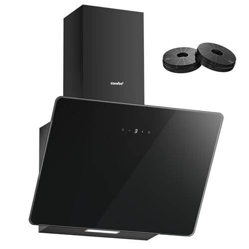 COMFEE CH60J64ET4A2B-EU Hotte Aspirante Inclinée, 380 m³/h, Clase A++, 60 cm en Verre Trempé, 3 Niveaux de Vitesse, Écran Tactile LED, Recirculation...