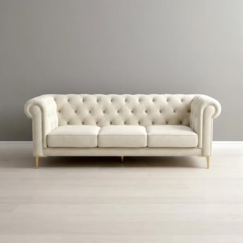 Image of Chesterfield Velvet Upholstery 3-Seater with Armchair and Footrest, Design in 3+1+Footrest Sofa for Living Room, Bedroom, Hallways (Off White)