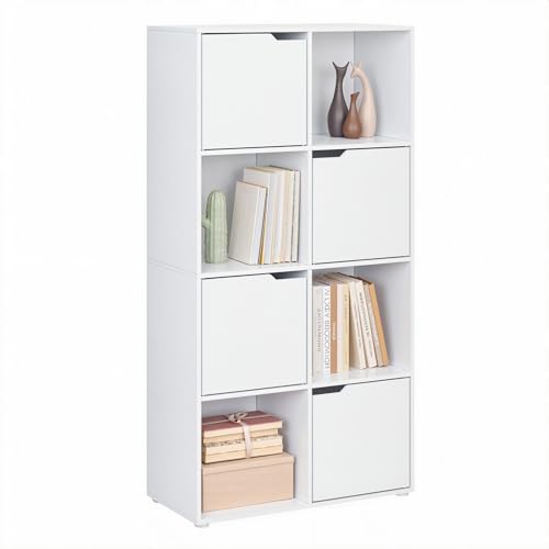 WOLTU Bibliothèque, Meuble Étagère de Rangement, avec 8 Cubes, 4 Portes, en Bois d'Ingénierie, Bibliothèque Blanche, SK039ws