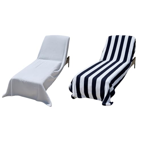 ARLU HOME Oversized Chaise Lounge Cover 49" x 90" x 6" - 100% Turkish Cotton, 500 GSM Towel for Pool/Beach Chairs with Pocket, Quick Dry - White/Navy & White (2 Pack)
