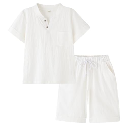 Ensemble garçon en coton et lin pour vacances, tenue de plage confortable avec short et col Henley