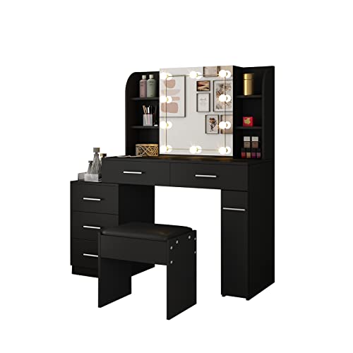 Senvoziii Schminktisch mit LED-Beleuchtung & Schiebespiegel, Schwarz...