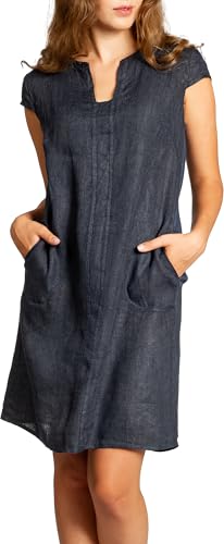 Caspar SKL036 Damen Sommer Leinenkleid mit ausgefallenem Ausschnitt, Farbe:dunkelblau, Größe:L - DE40 UK12 IT44 ES42 US10