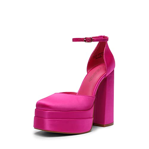 DREAM PAIRS Womenβs High Chunky Platform Closed Toe Block Heels Square Toe Ankle Strap Dress Wedding Party Pumps Shoes Aurelia 5 Rose Red-satin
