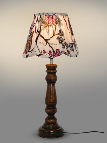 Image of Green Girgit Wooden Classic Lamp with Pleeted Multicolor Red Floral Lotus Shape Lamp Shade