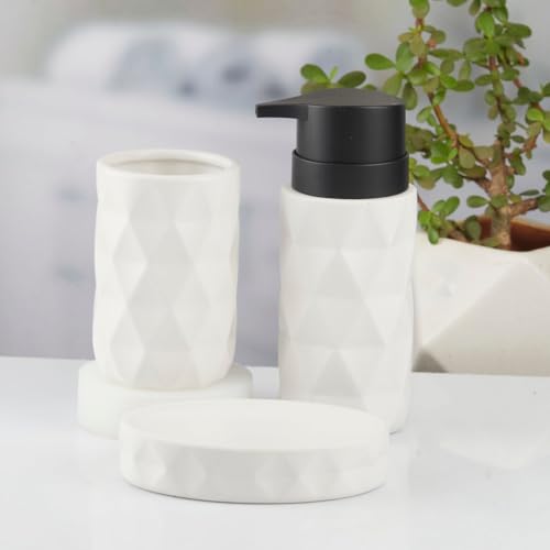 Image of SaSaSa Ceramic Bathroom Set of 3 Modern Bath Accessories Kit with Soap Dispenser, Toothbrush Holder & Dish - Stylish & Elegant Bathroom Decor, White (10725)