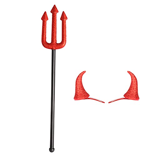 Glitter Red Devil Horns Hair Clips and Devil Pitchfork Set for Halloween Devil Costume