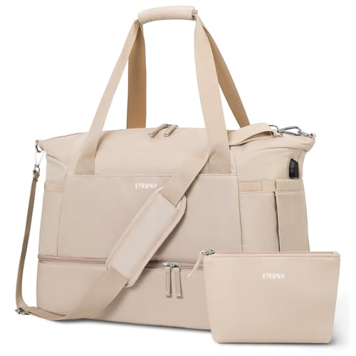 Image of ETRONIK Gym Bag for Women, 47L Carry On Travel Duffel Bag with Shoes Compartment, Weekender Overnight Bag with Wet Pocket & USB Charging Port for Women, Travel, Gym, Weekend, Large Size (Khaki)