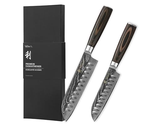 Wakoli EDIB Essentials 2-Piece Damascus Kitchen Knife Set – Santoku Knives Made from 67 Layers of Damascus Steel – Pakkawood Handles – Includes Gift Box & Finger Guard – Professional Set
