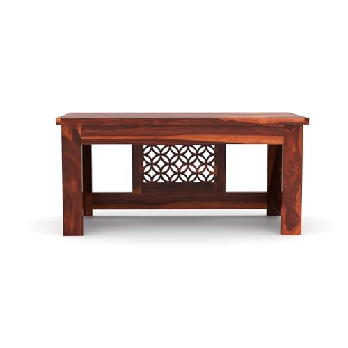 Image of Sheesham Wooden Center Coffee Table for Home Furniture | Solid Wood Center Table for Living Room, Wooden Sofa Center Table Side Teaopy Table CNC- Honey Finish