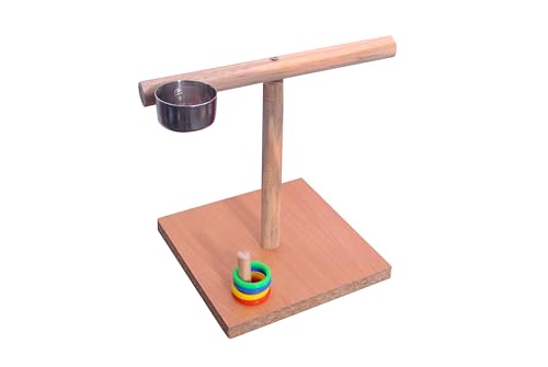 Image of Poonch Wooden Bird Training Tstand with Feeder Cup and Ring Game and Base for Budgies Cockatiel and Other Parrots