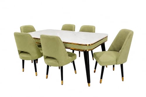 Image of WOODEN SPACE 6-Seater Wooden Dining Table Set | Nano Composite Marble Top | Solid Wood Base | Modern Dining Room Furniture with 6 Chairs (Light Green Vintage)