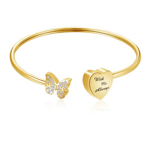 XIUDA Urn Bracelet for Human Ashes Butterfly Heart Ash Bracelet for Women Stainless Steel Openable Cuff Bangle Cremation Bracelet