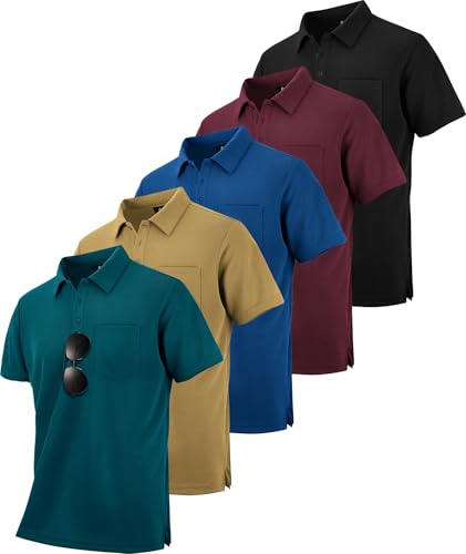 Image of SCODI 5 Pack Mens Pocket Polo Shirts Short Sleeve Golf Casual Work T-Shirt