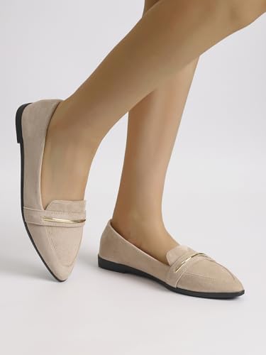 Image of Pointy Toe Penny Loafers for Women Dress Office Work Flats Shoes | Comfortable Women's Faux Suede Leather Slip On Flat Loafers for Driving Business Casual Cute Ballet Shoes