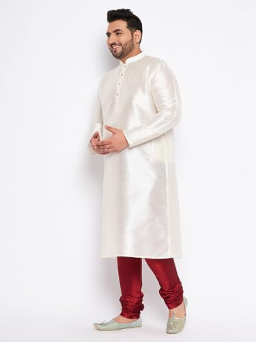 Image of Vastramay Plus Men's White Silk Blend Kurta Pyjama Set VPLUSMKWH001nPBL 44 | Independence Day