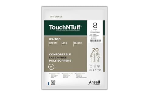Ansell TouchNTuff 83-300 Polyisopren Handschuhe, Chemikalien- und Flüssigkeitsschutz, Weiß, Größe 7.5 (20 Paar)