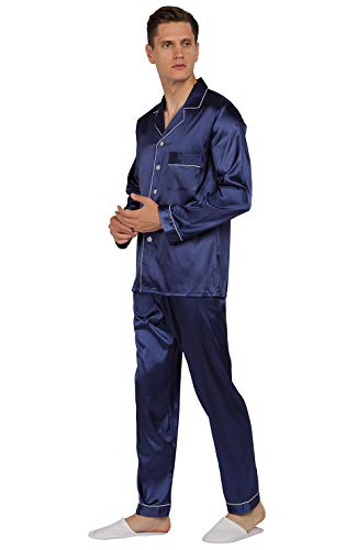YIMANIE Mens Satin Pajamas Set Classic Short Sleeved and Long Pants Sleepwear Loungewear4