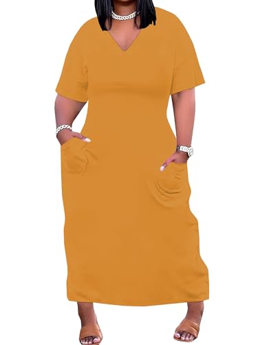 Image of SUZONANA Women Casual T-Shirt Dress V Neck Short Sleeve Solid Color Oversize Dress with Front Two Pockets
