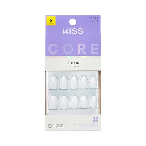 KISS CORE, Press On Nails, Nail glue included, \'Lyrical\', White, Short Size, Almond Shape, Includes 32 Nails, 2g Glue, 1 Manicure Stick, 1 Mini File