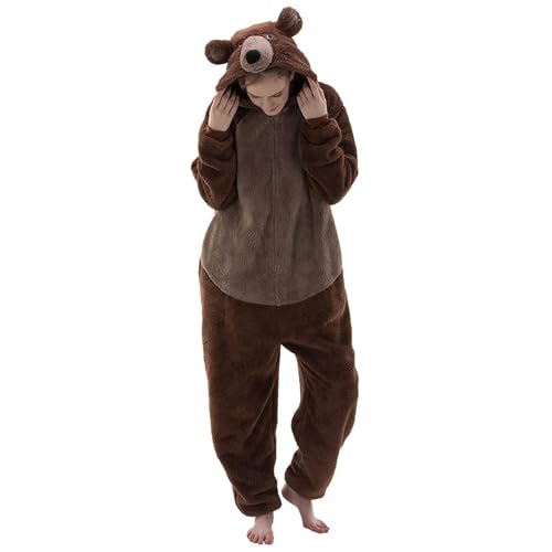 JOASDAO Pijamas unisex para adultos, ropa de dormir Sherpa de peluche de oso animal, traje de cosplay para mujer y hombre, disfraz de Halloween para dormir, marrón, XXL