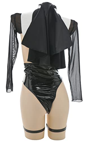 MEOWCOS Women's Sexy Lingerie Nun Suit Open Chest Body Shaper Bodysuit with Mesh Top and Stockings - Image 3