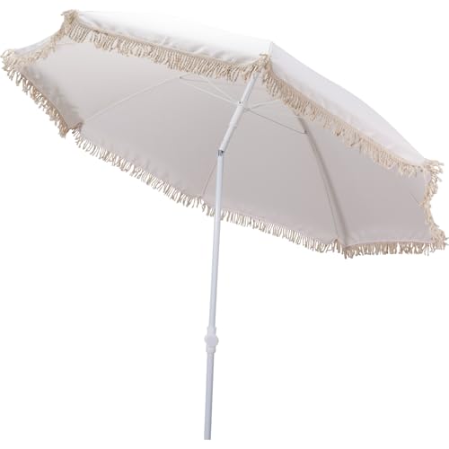 Meinposten Sonnenschirm Strandschirm Balkon Gartenschirm creme Fransen Boho chic UV30+ 155cm Picknick Campinplatz Urlaub Sonnenschutz UV Schutz