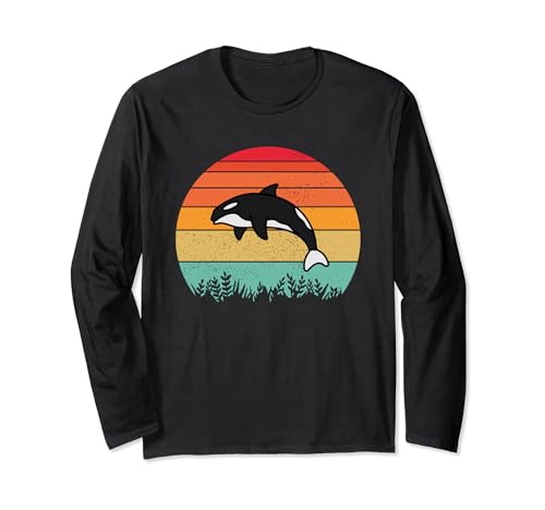 Coucher de soleil rétro vintage mignon Orca Whale Lover cadeau pour adultes Manche Longue