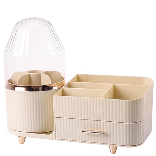 Image of SIBY ABS Plastic Cosmetic Storage Box for Women's | 360 Rotating Makeup Brush Holder for Dressing Table | Vanity Makeup Organizer Box with Transparent Cap and Drawer (Cream)