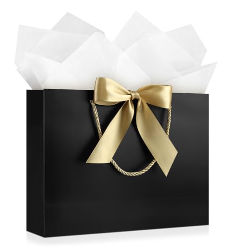 Image of JMANNI Black Gift Bags with Handles, 13 inch Medium Gift Bag for Presents, 1 Pcs Bags with 2 Tissue Paper and 1 Cards for Graduation Wedding Men Birthday Anniversary 4th of July Bachelor Party Decorations
