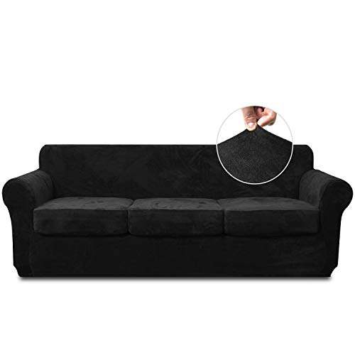 RHF Velvet Couch Cover 4 Piece Sofa Cover Sofa Slipcover-Couch Covers for 3 Cushion Couch,3 Separate Cushion Cover, Sofa Covers for 3 Cushion Couch,Couch Covers for Dogs(Large,Black)