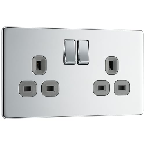 BG Electrical Double Switched Power Plug Wall Socket, Flatplate Screwless, Polished Chrome, Grey Inserts, 13A, FPC22G
