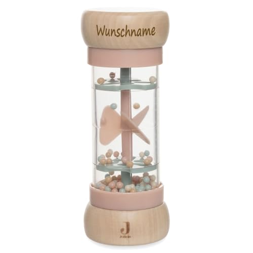 Regenmacher Rassel Baby aus Holz personalisierbar mit Name graviert Greifring für Baby Geschenk zur Geburt (Rosa)