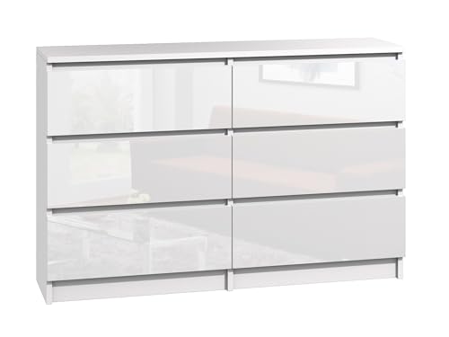 roe furniture Pressiode Kommode mit 6 Schubladen Sideboard weiß Anrichte Holz Schubladenschrank Schrank, Mehrzweckschrank, Standschrank, Schlafzimmermöbel (Weiß Hochglanz)