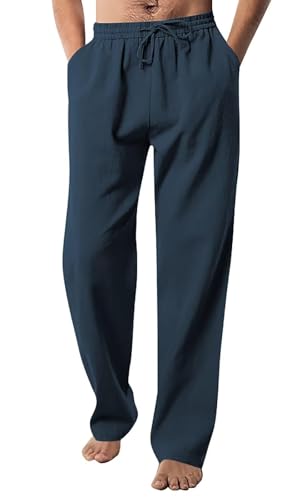 Men's Linen Dress Pants Casual Flat Front Linen Trousers Summer Beach Pants HXH10