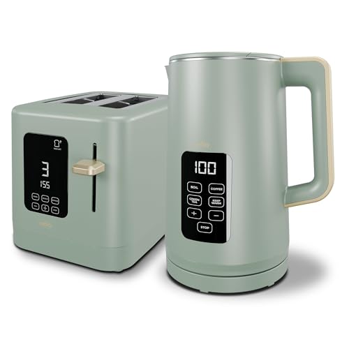 Sage Green 800W 2 Slice Toaster 1.7L 3000W Digital Kettle | Toaster with Detachable Crumb Tray Digital Control Panel with Countdown Timer BPA-Free Auto Shut-off Electric Temperature Control Kettle