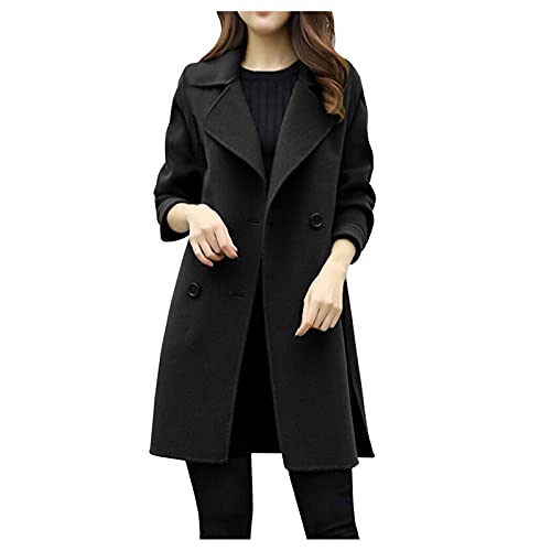 OutTop01 OutTop Women's Faux Woolen Fleece Trench Coat Winter Elegant Notched Collar Double Breasted Wool Blend Peacoat Outwear (Black, XXL)
